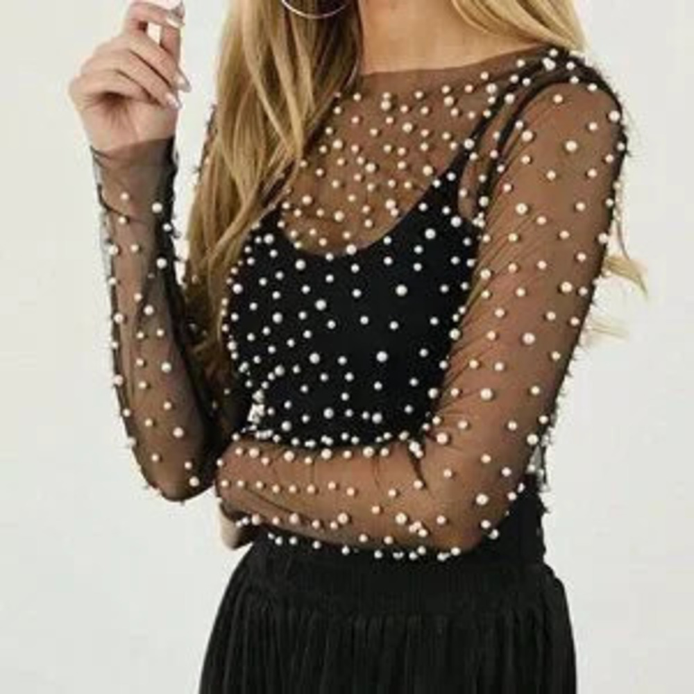 Black Casual Women's Rave Elegant Pearls Beaded Mesh Sheer Cover Up